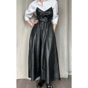 Faux Leather Black Midi Skirt Dress S-M
